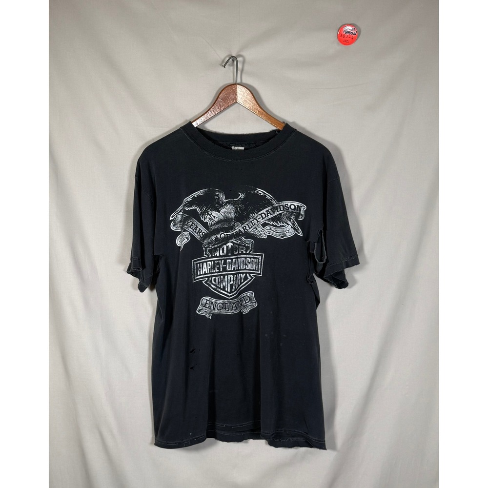 Vintage 90s Harley Davidson England Bootleg T-Shirt Thrashed Faded Black XL